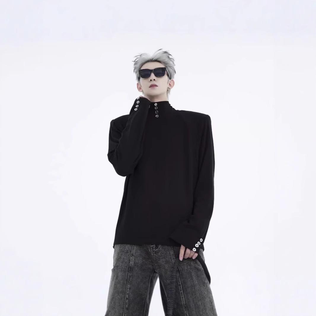 남성용 블랙 하프 터틀넥 셔츠, 남성용 봄, 가을, 겨울 하이엔드 디자인 티셔츠, 트렌디한 남성용 긴팔