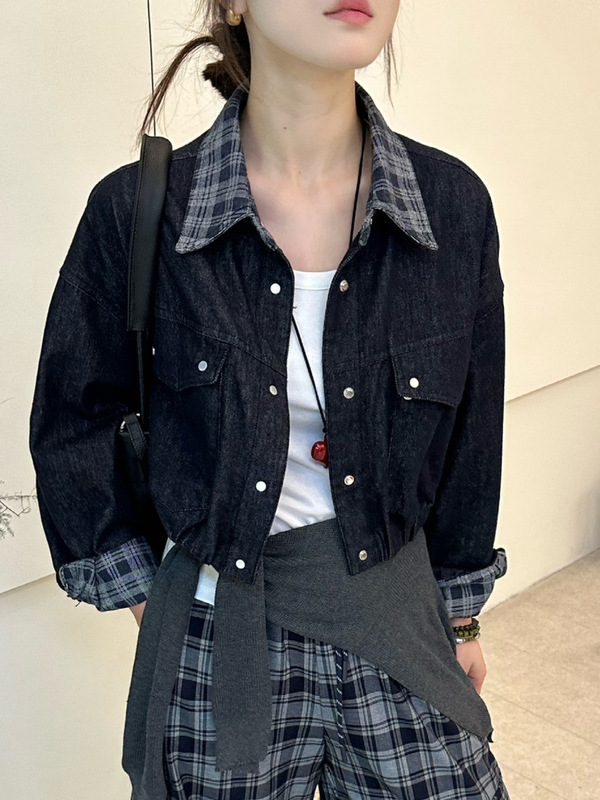 休闲牛仔短外套女2025秋新款气质翻领格子拼接单排扣夹克宽松上衣|undefined