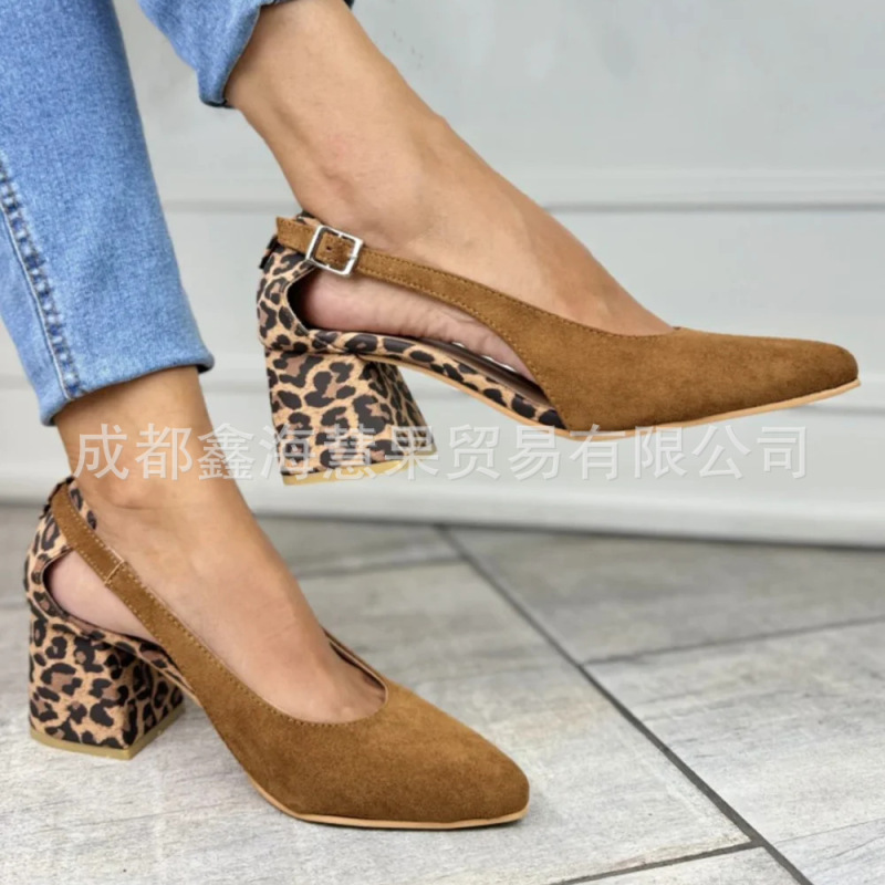 2025 Spring and Summer Lazada Export High-Heeled Women's Shoes 40-43 Large Size Pointed Toe Suede Leopard Print Toe Sandals