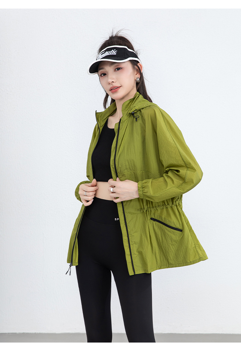 Áo chống nắng nữ dáng dài có mũ, chất liệu nylon mỏng nhẹ thoáng khí — Màu xanh lá cây chi tiết 23