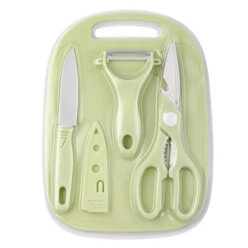 Juego de cuchillos de acero inoxidable Mini cuchillo para frutas, tijeras de cocina, cuchillo de cocina, juego de cuatro piezas, tabla de cortar de plástico para el hogar, stock