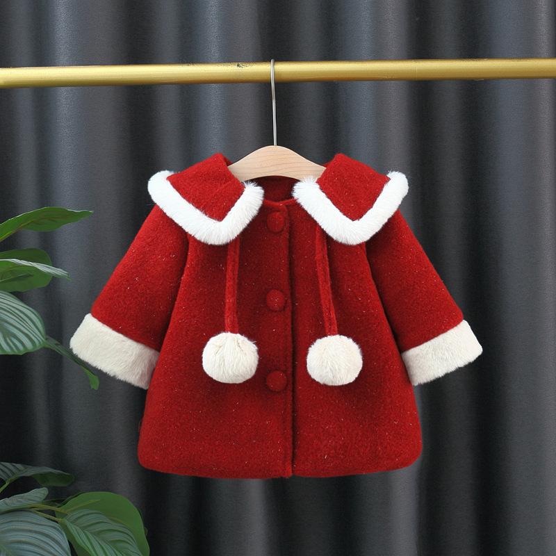 新款女童拜年服儿童新年服洋气酒红色毛呢外套棉袄冬季织里外贸潮