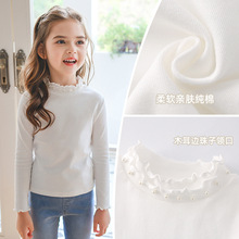 女童恤春装长袖2025新款 女宝宝白色打底衫花边洋气儿童上