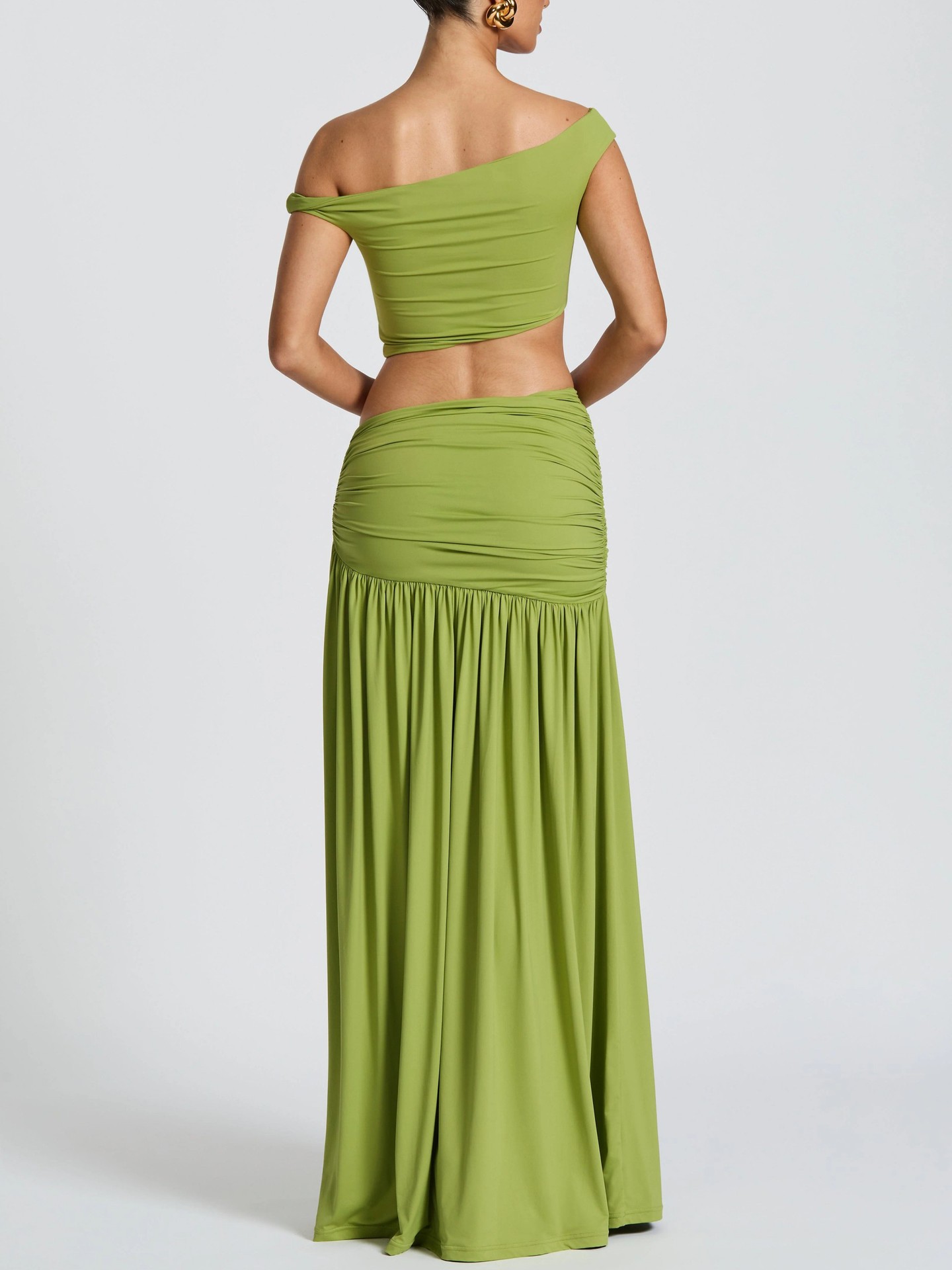 Women Sexy One Shoulder Off Shoulder Crop Top High Waist Slit Tucked Midi Skirt Two Piece Dress Set Ladies Party Outfit_ecoleips.com
