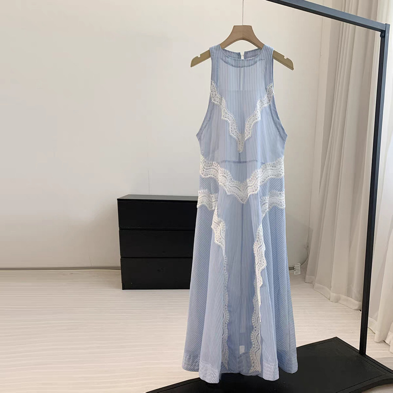 Item 4130+! Stunning! Ice Blue French-Style Halter Neck Waist-Cinching Long Dress with Intricate Lace Cutouts Item 4130+! Stunning! Ice Blue French-Style Halter Neck Waist-Cinching Long Dress with Intricate Lace Cutouts