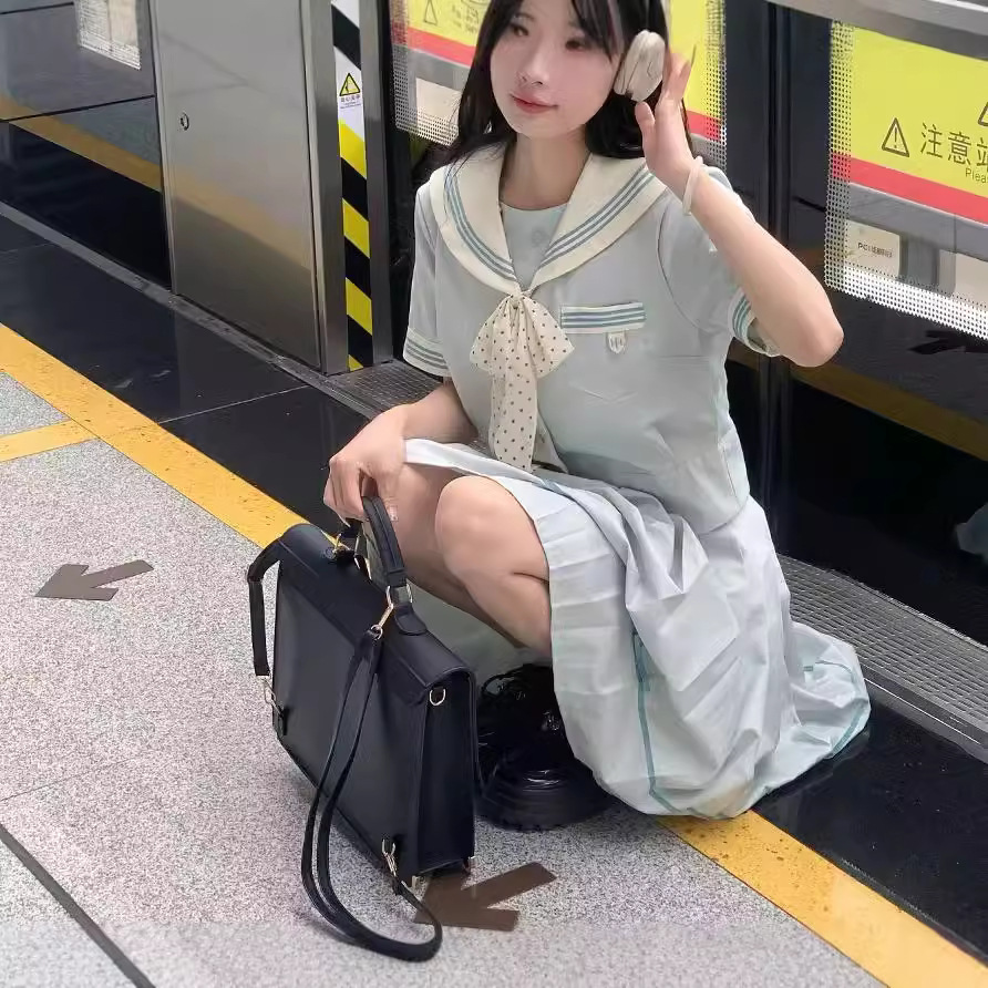작은 신선한 JK 유니폼 치마 세트 민트 화이트 QIAO 항해 세트 여름 짧은 소매 최고 주름 치마 풀 세트