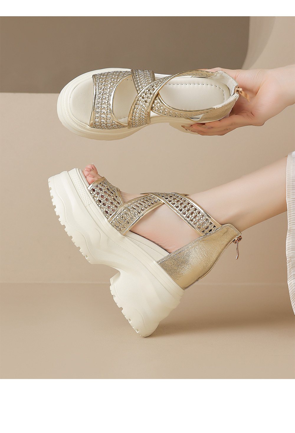 Sandal cao gót La Mã dệt quai ngang đế nêm hở mũi gót 12 cm — Màu vàng trắng, Màu đen, Màu trắng bạc chi tiết 7