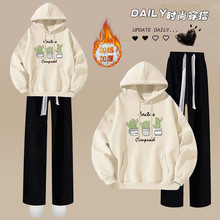 跨境外贸2025秋冬新款加绒加厚套装学生休闲连帽卫衣少女两件套装