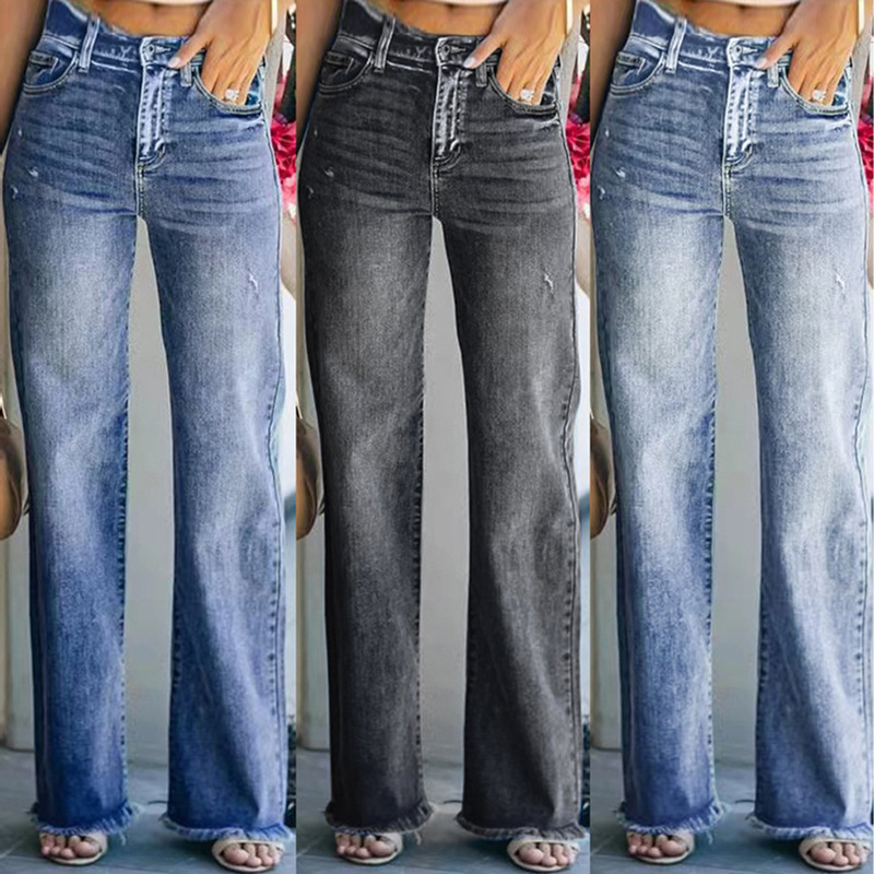 Vaqueros anchos de estilo europeo y americano para mujer, nuevos de moda primavera-otoño 2025, pantalones largos acampanados elegantes y modernos con detalles desgastados.