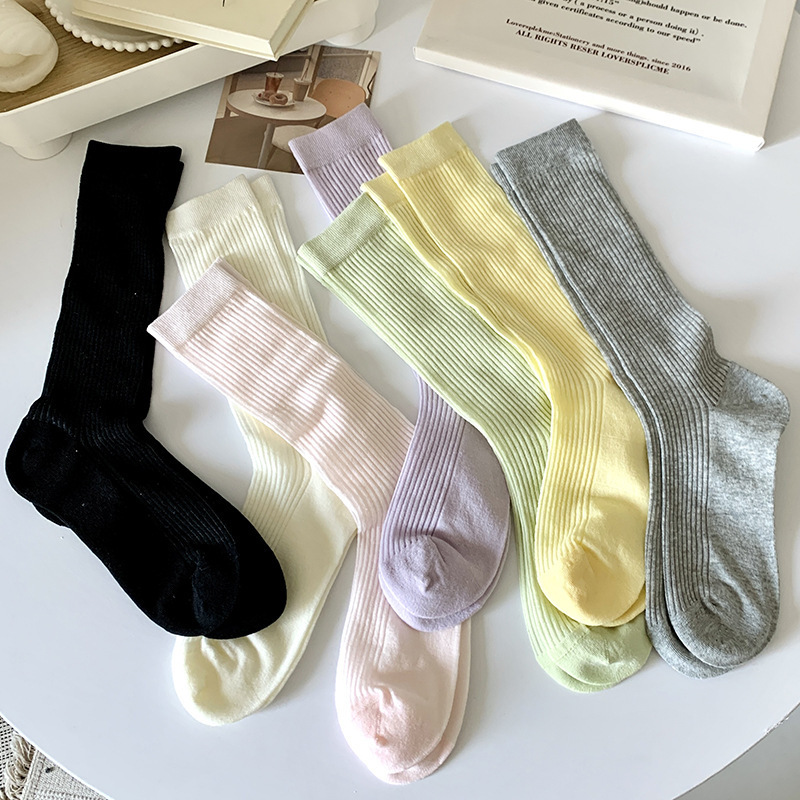 Ballet style gray boneless socks children's mid-tube socks ultra-thin spring and summer combed cotton striped stocking with small leather shoes