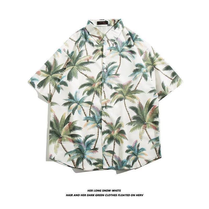 Miscellaneous Hawaiian Ice Silk Short-sleeved Shirt Men's Summer American Style Fashion Brand Beach Shirt Loose Shirt for Holiday