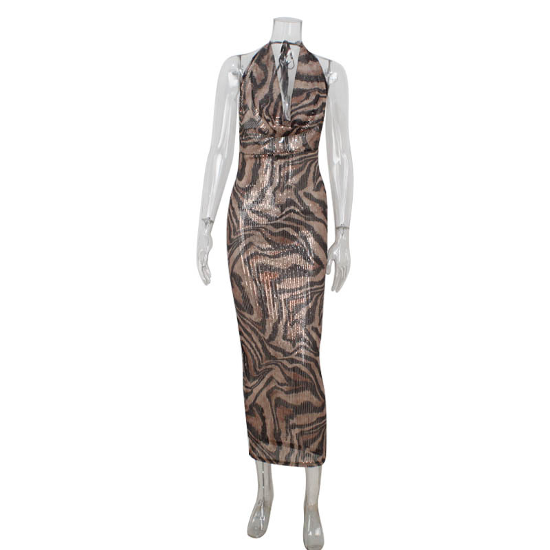 European And American Foreign Trade Women's Clothing New Fashion Sexy V-Destroyed Halter Dress Classic Leopard Pattern Printed Sequined Dress For Women display picture 4