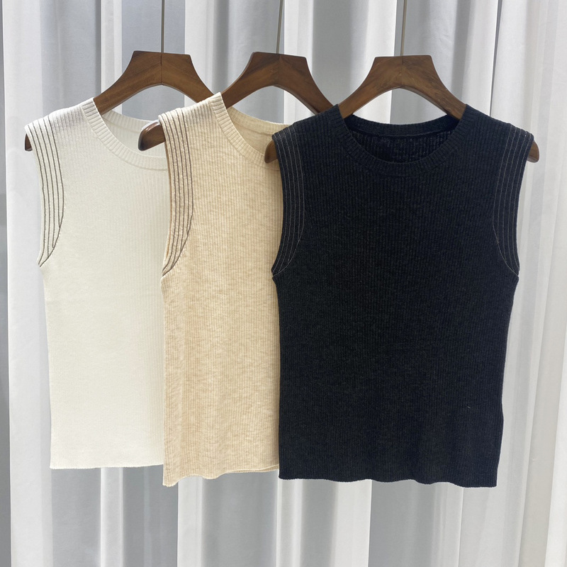 Luxury Premium Italian BC Bead Chain Slim Essential Wool Sweater Slim Stretch Sleeveless Knitted Vest Top Women