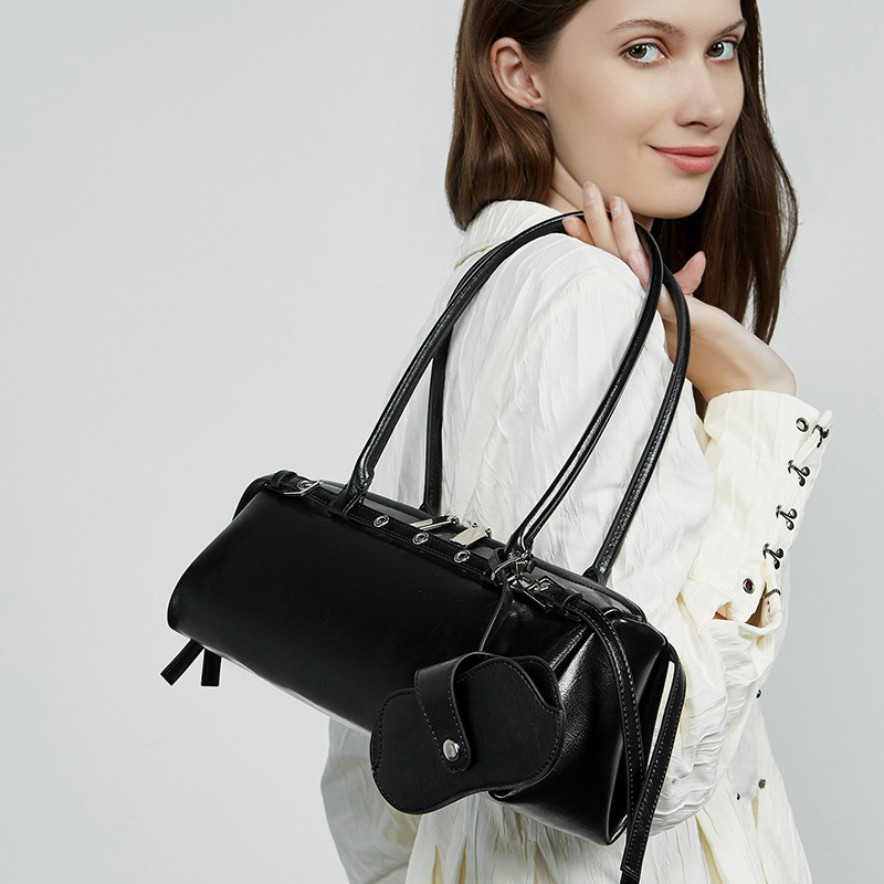 Genuine Leather Niche Retro Biker Style Cool Belt Decor Handbag New Shoulder Underarm Baguette Bag For Women - Thumbnail 3