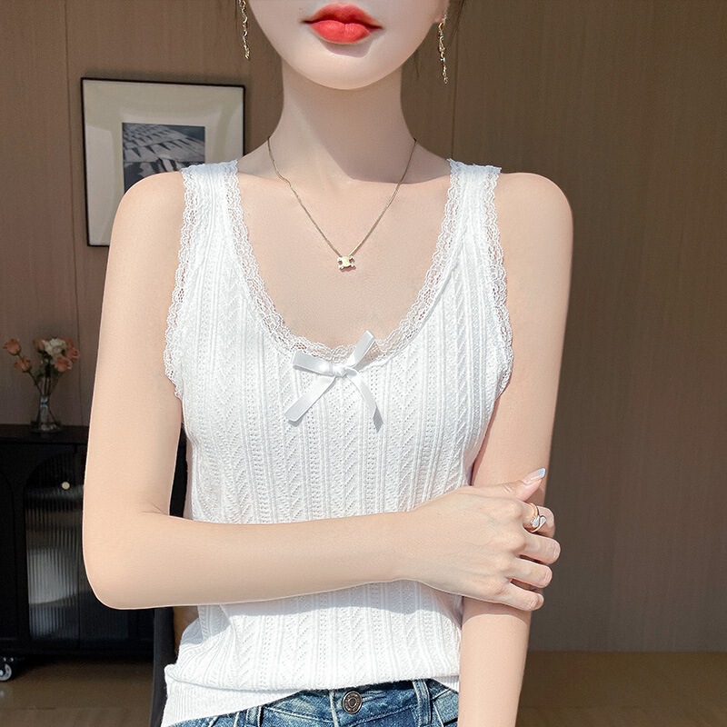 Spring and Summer New Style Lace Hollow-Out U-Neck Camisole with Bow, Sleeveless Loose Pullover Top, Cross-Border Wholesale