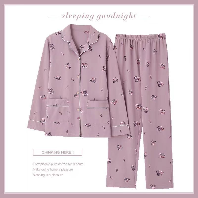 100% pijamas de algodón de las mujeres Primavera y otoño de manga larga delgada Chaqueta de punto traje de primavera y verano suelta más tamaño de la madre ropa de algodón para el hogar