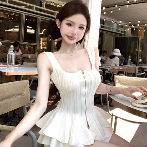 2025 summer new women's clothing, sexy sexy slim square collar, ruffled knitted halter vest top