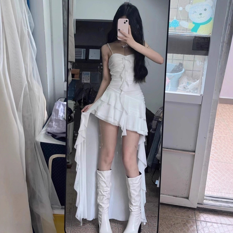French-Style Fairy-Like Pure Desire Ruffle Splicing Strap Dress for Women, Summer High-End Slim-Fit Irregular Long Dress