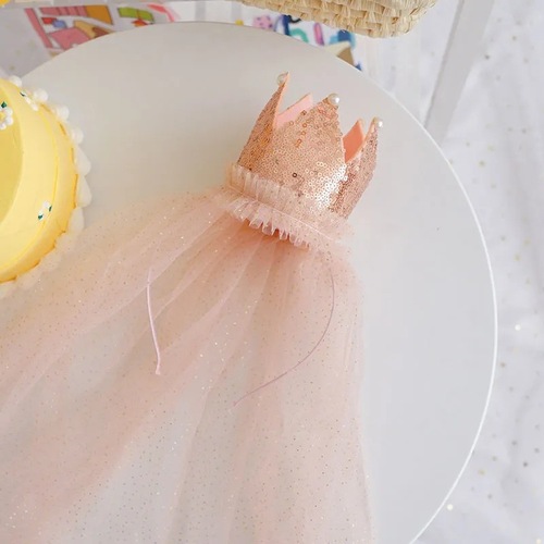 Birthday princess crown veil headband glitter sequin crown headband happy birthday party props headdress hair accessories