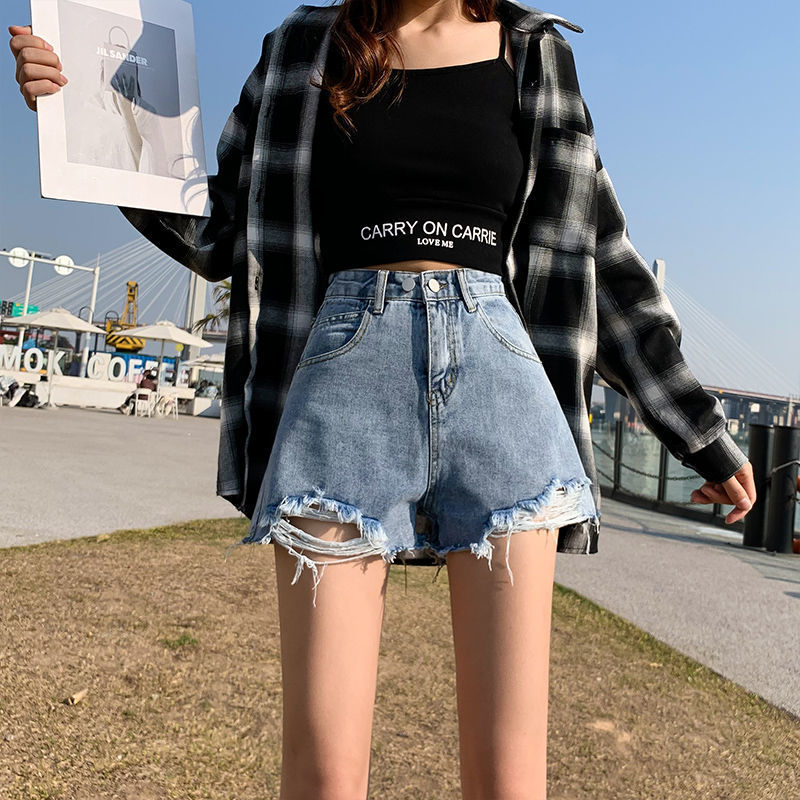 Denim Shorts Women's Summer 2021 New Arrival Ripped High Waist Slimming Large Size Loose All-Match Wide Leg Hot Pants for Students Trendy