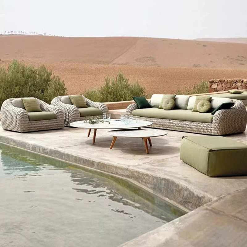 Sofá de caña al aire libre combinación de hotel villa patio sala de estar jardín al aire libre ocio nido de pájaros diseño de cuerda muebles trenzados