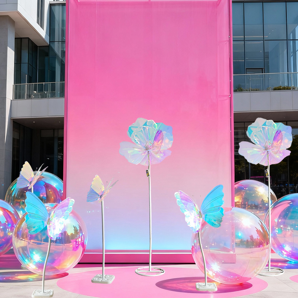 Flores láser flash, tarjetas de perforación de fotos, mariposa, decoración floral, accesorios de decoración de apertura del centro comercial