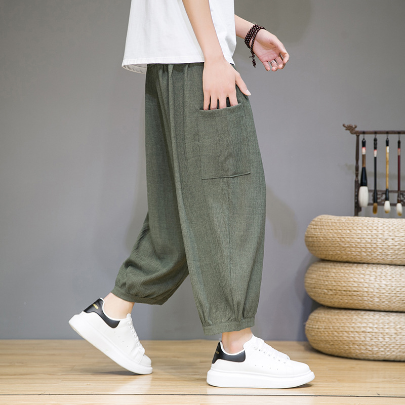 Ice Silk cropped pants men's summer thin loose wide-leg pants men's casual pants Chinese style large size fashion brand shorts summer