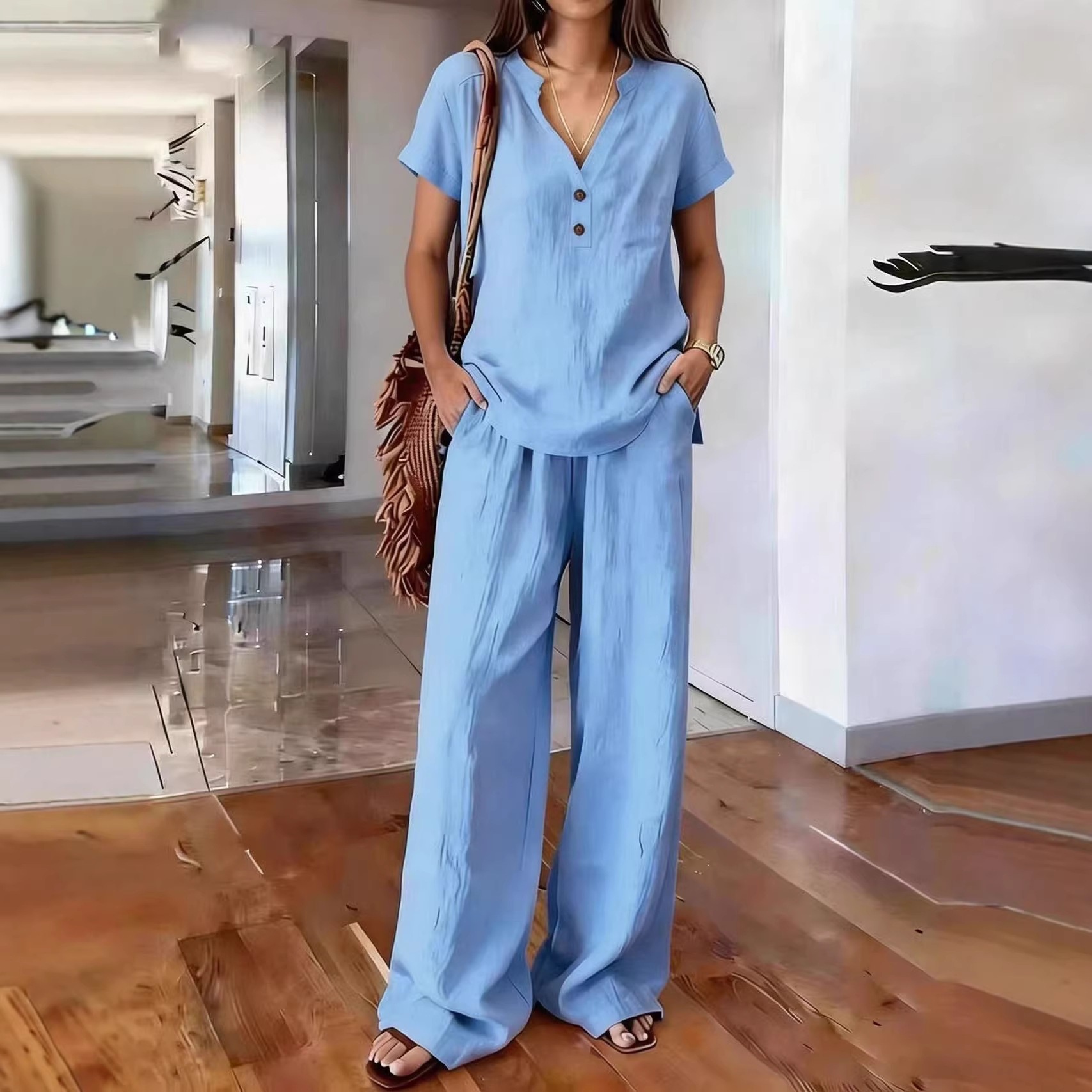 Women's Clothing Women's Casual Cotton Linen Top And Wide Leg Pants Set V Neck Button Up Old Money Style Solid Color_ecoleips.com