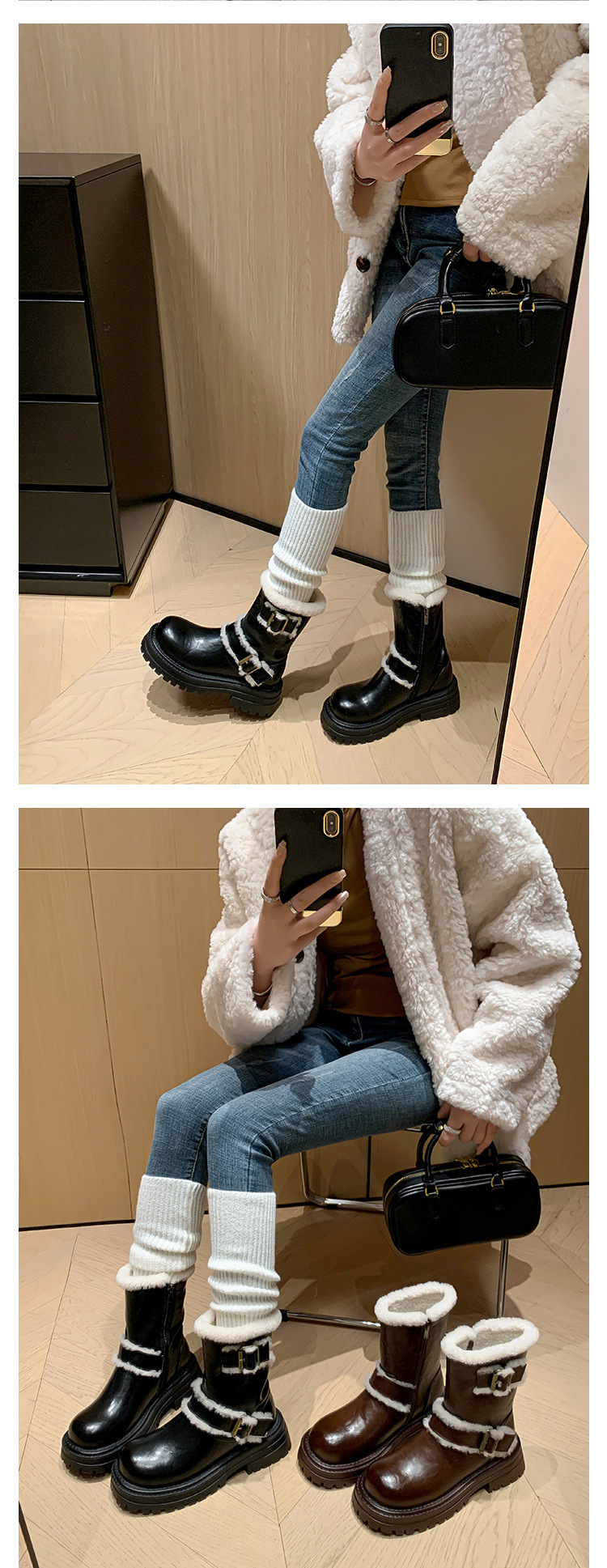 Boot tuyết nữ cổ thấp đế dày phong cách Anh, có khóa thắt lưng, lót lông ấm — màu đen chi tiết 14