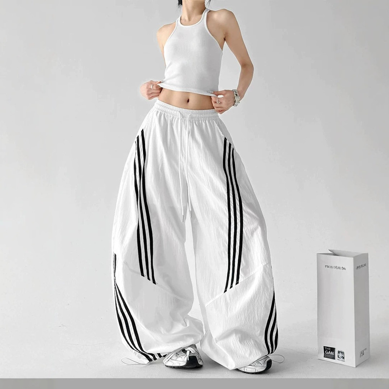 Women's Sports Jazz2026 Spring and Summer New Striped Wide-Leg Pants Black Design Loose Straight Casual Pants Women's Sports Jazz2026 Spring and Summer New Striped Wide-Leg Pants Black Design Loose Straight Casual Pants