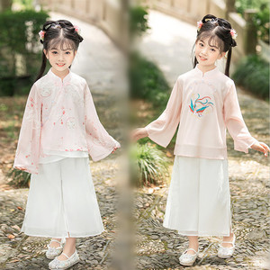 Girls kids chinese dress tang suit chinese princess hanfu performance skirts Chinese style embroidery chiffon cheongsam two-piece set girl  guzheng  hanfu