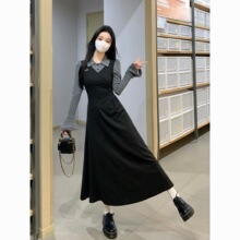 法式复古连衣裙女秋冬新款气质设计感假两件拼接微胖mm大码长裙子