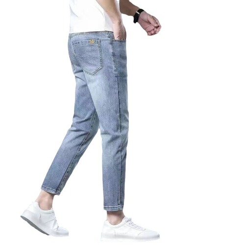 Trendy brand cropped denim jeans for men: slim-fit, skinny, straight-leg, stretchy casual pants—versatile spring-style long trousers for guys