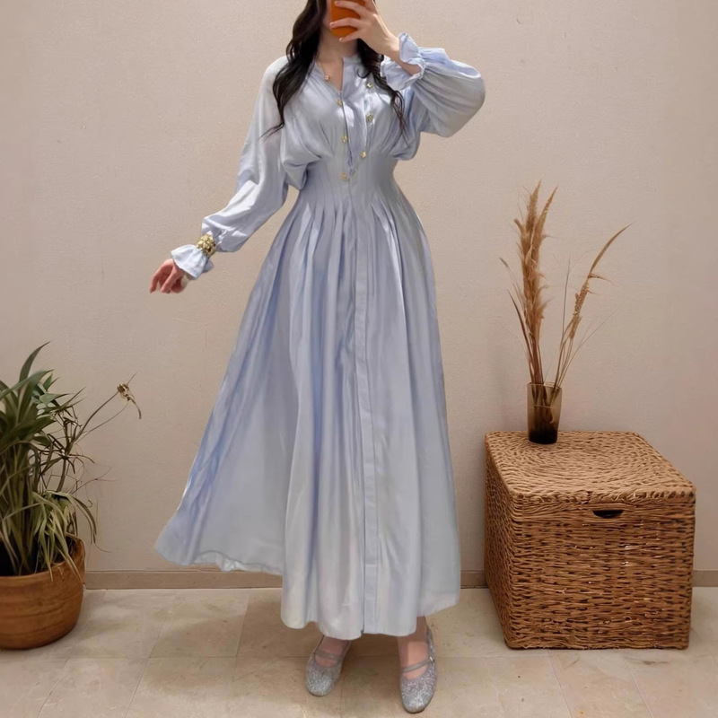 European and American Cross-Border Women's Clothing 2026 Summer New Style Elegant Fresh Waist-Cinching Pleated Bell-Sleeve Shirt Dress for Women