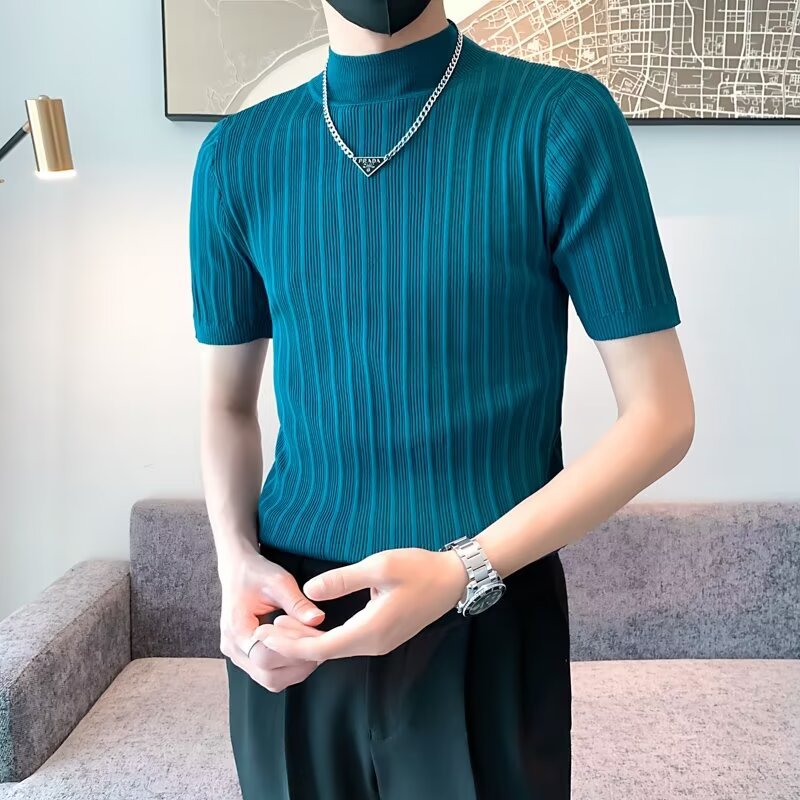 남성용 페이셔리 니트 티셔츠, 반팔, 슬림핏, 핸섬 봄 여름 핏 스웨터, 하프 터틀넥, 얇은 밑단 셔츠