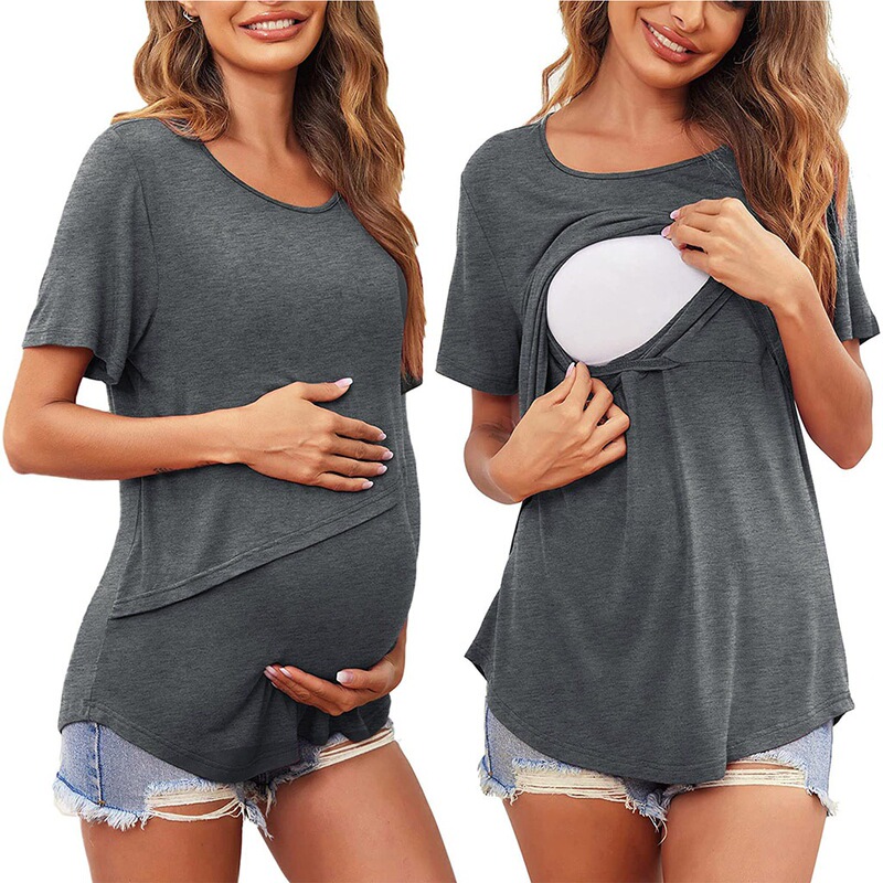 アマゾン2023欧米夏妊婦純色丸首半袖授乳出産後看護上着tシャツ|undefined