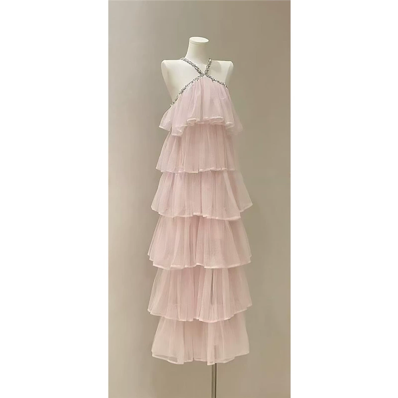 418588 Популярное красивое женское французское высококачественное розовое платье с сетчатым воротником-стойкой, новинка 2025 года