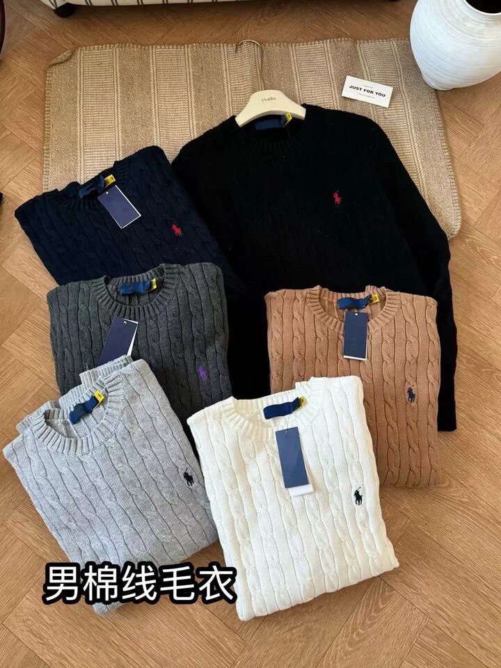 Áo len nam cổ tròn tay dài chui đầu dệt kim vặn thừng thêu hình ngựa chiến, dày dặn — Màu kaki đậm, Màu trắng, Màu xanh tím than, Màu xám nhạt