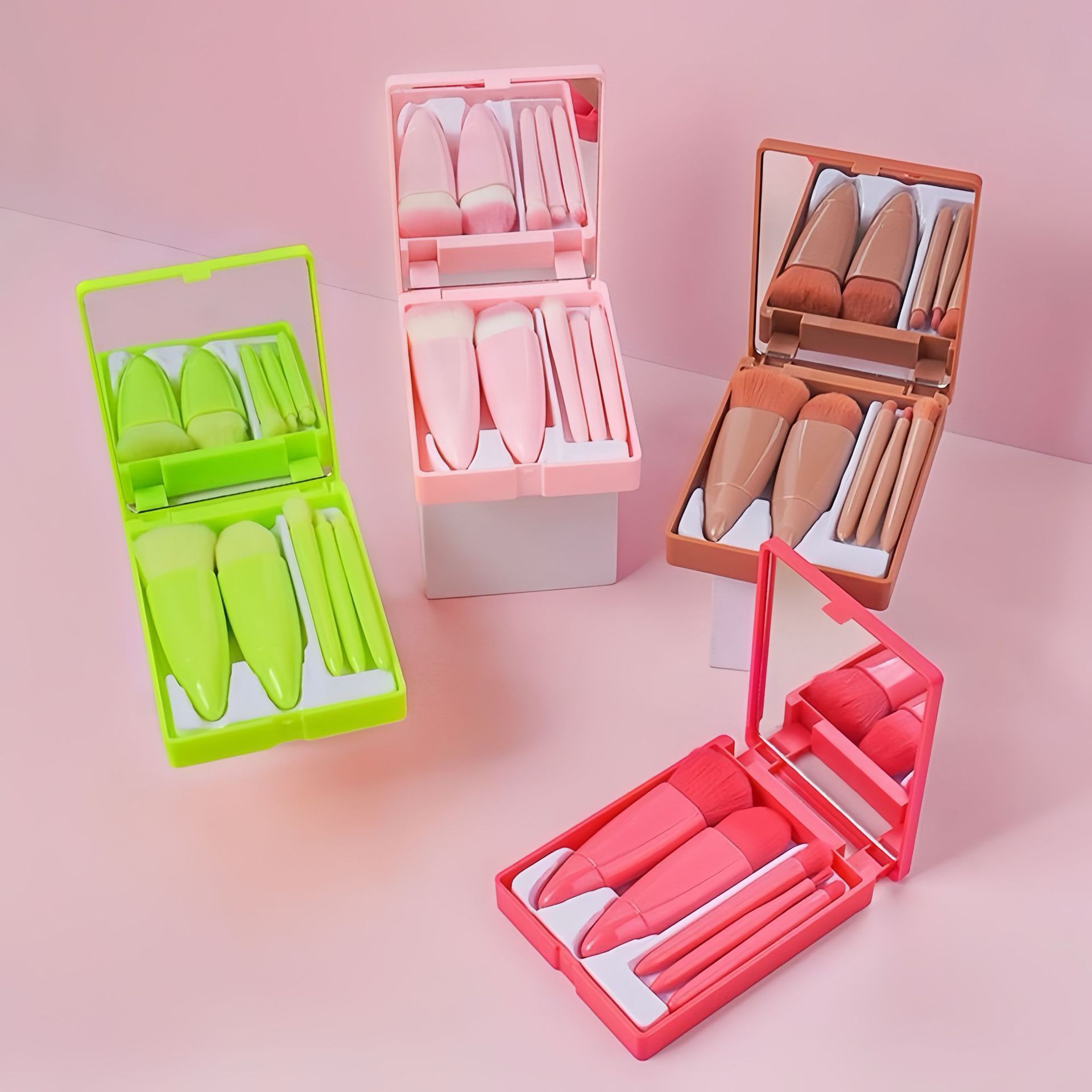 Set de brochas de maquillaje con espejo, 5 brochas, espejo, cerdas suaves, estuche portátil de viaje, brocha para base, brocha para polvos sueltos, brocha para sombras de ojos.