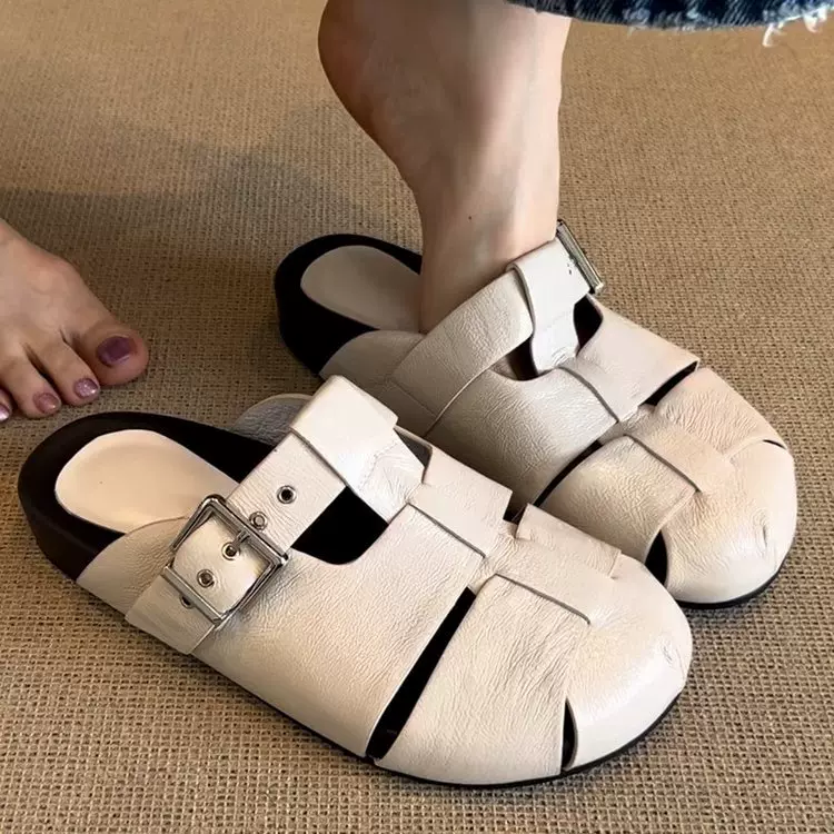 羊皮版~韩版时尚厚底增高包头半拖鞋女复古镂空皮带扣一字勃肯鞋