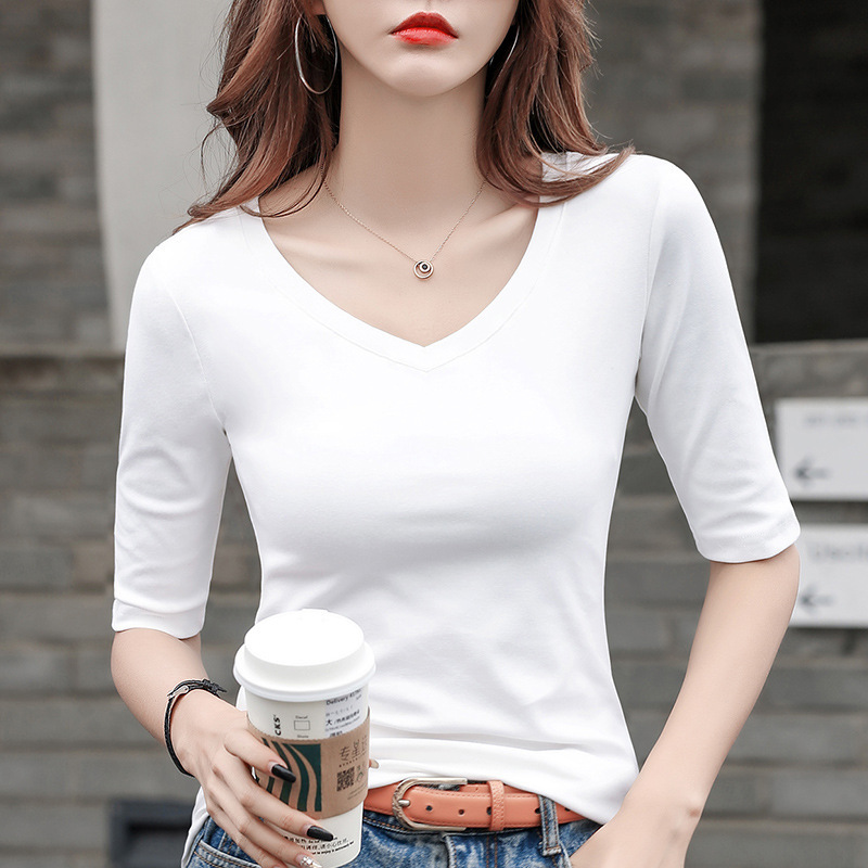 女性用ミッドスリーブTシャツVネック2025新作七分袖トップスとファッショナブルな七分袖ボトムシャツ|undefined