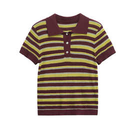 Z欧货跨境外贸2025新款欧美风时尚女装条纹POLO领短袖上衣9598032