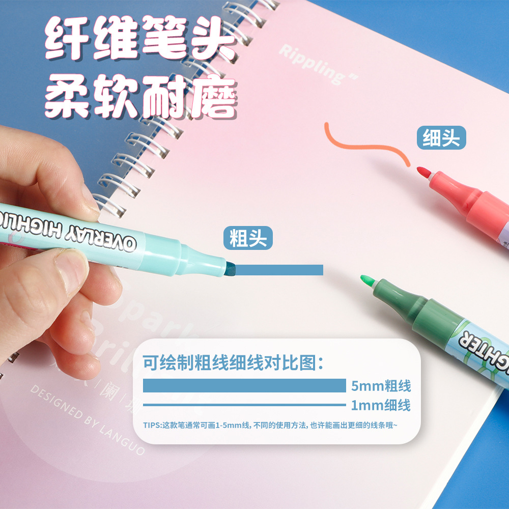 Resaltador de dos colores de dos cabezas, marcador de puntos clave de gran capacidad de 8 colores, bolígrafo de mano para estudiantes, resaltador de color superpuesto