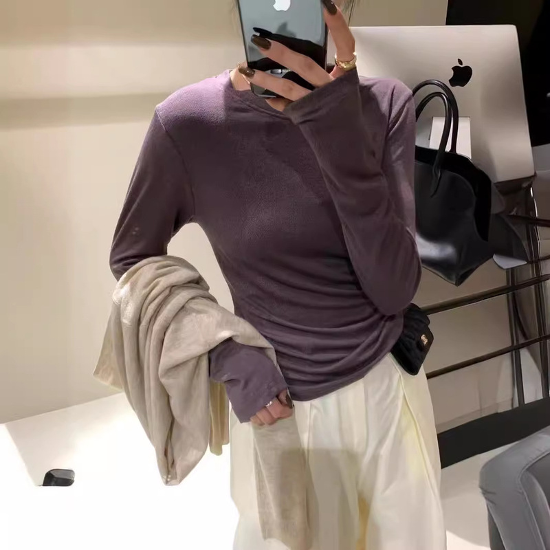 One spoon sweet early spring new women's bottoming shirt slim slimming texture solid color simple round neck long sleeve T-shirt