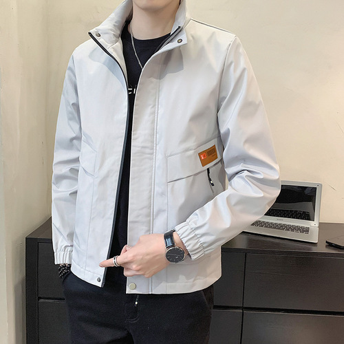 Men's Loose Trendy Fashion Button-Down Jacket with Embroidered Labels, Zipper Pockets, and Casual Style for Spring and Autumn