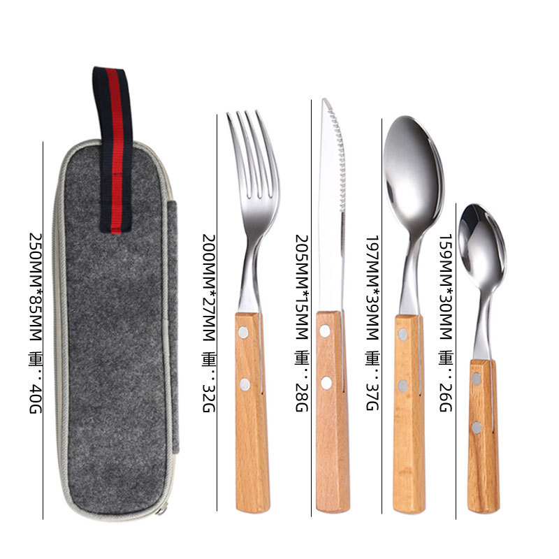 Cuchillo, tenedor y cuchara con mango de madera de acero inoxidable 304, restaurante occidental, bistec, cuchillo, tenedor y cuchara, juego de vajilla portátil de viaje, fuente transfronteriza