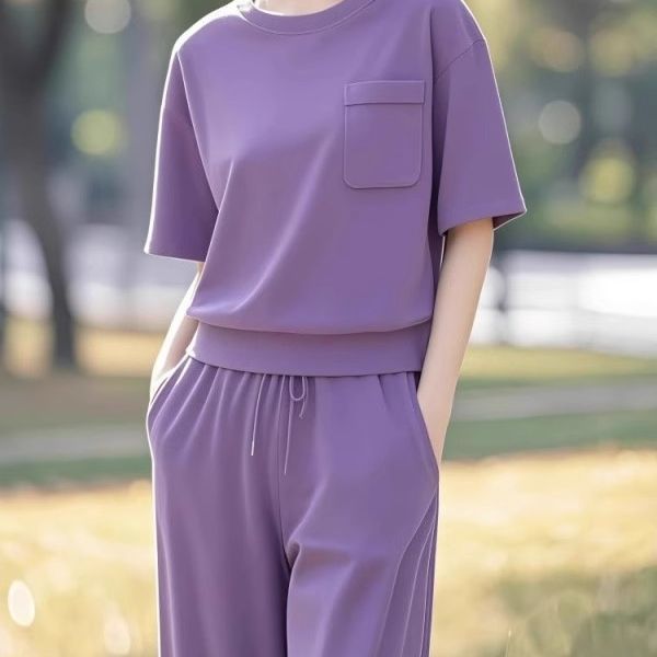 2025 新しい夏の半袖美白カジュアル美しさ紫色のスポーツスーツファッショナブルなルーズ|undefined