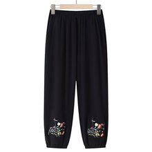 中老年妈妈夏季裤子薄款棉绸绣花九分裤大码老年人松紧腰灯笼裤女