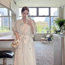 2024春秋中长款过膝英伦风衣外套女双排扣白色翻领百搭小个子大衣