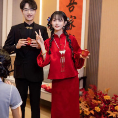 新款秋季女装新娘回门连衣裙新中式结婚订婚礼服裙红色旗袍两件套